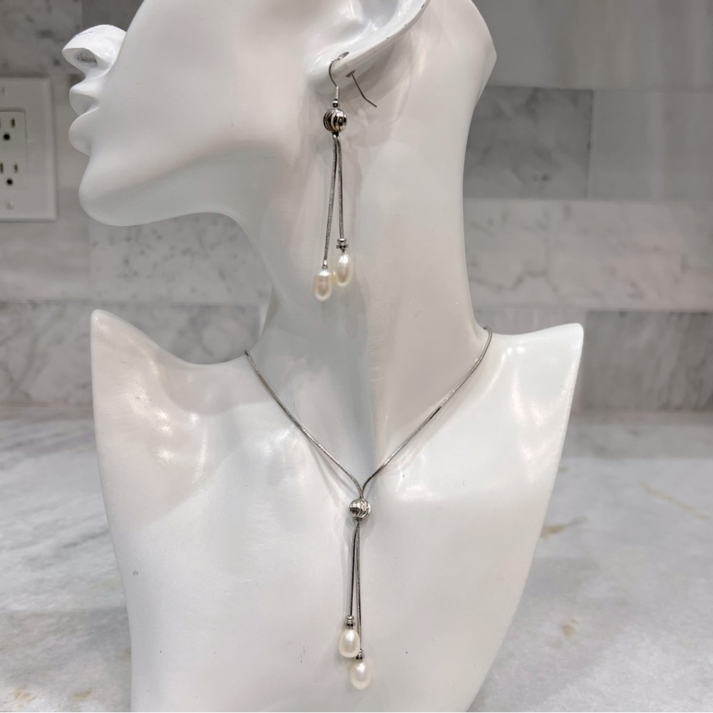 Freshwater White Pearl Silver Long Dangling Earring and Necklace Set